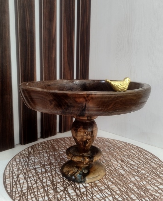 میوه خوری گرد چوبی پایه دار لب گنجشک طلایی چوب گردو 